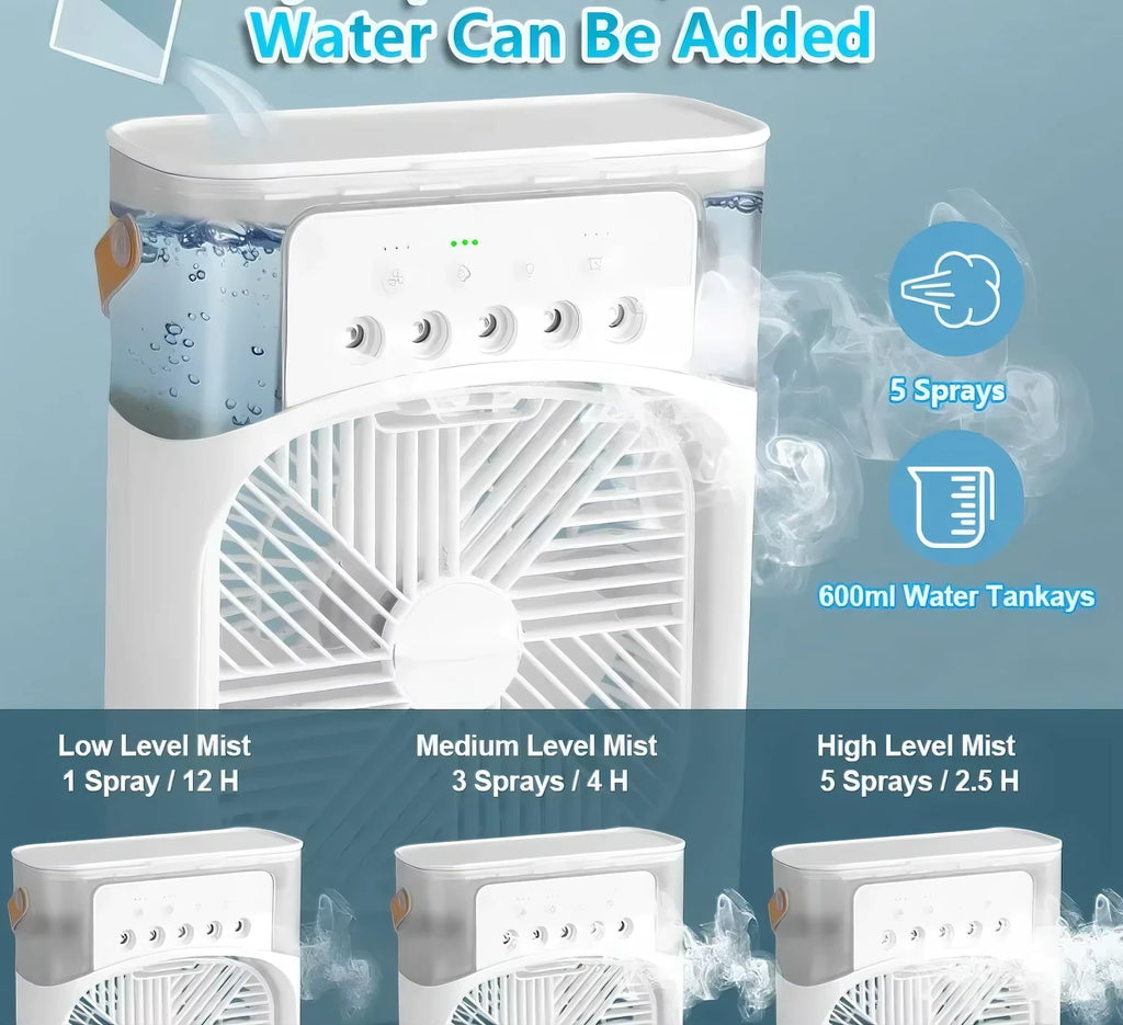 Fan/cooling fan portable household three in one small air cooler, LED night light, 5-hole humidifier, 1-3 hour timer